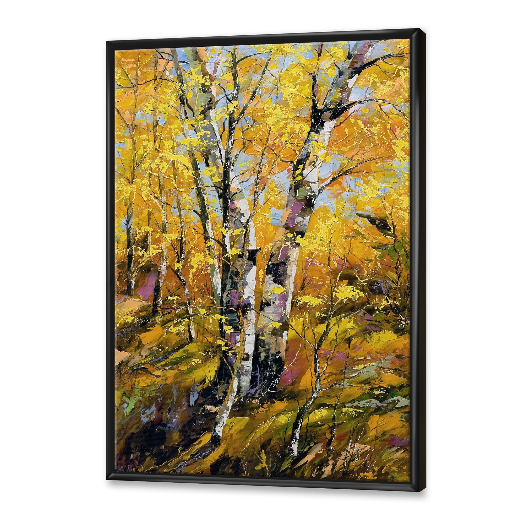 Birches In Yellow Autumn Wood Forest 30 in x 40 in Framed Painting Canvas Art Print, by Designart