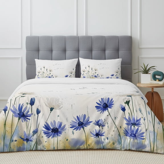 Queen Size Duvet Cover 4 Piece Bedding Set Farm Blue Flowers Bird Bed Sheet Sets Soft Microfiber Comforter Cover with Flat Sheet 2 Pillow Shams
