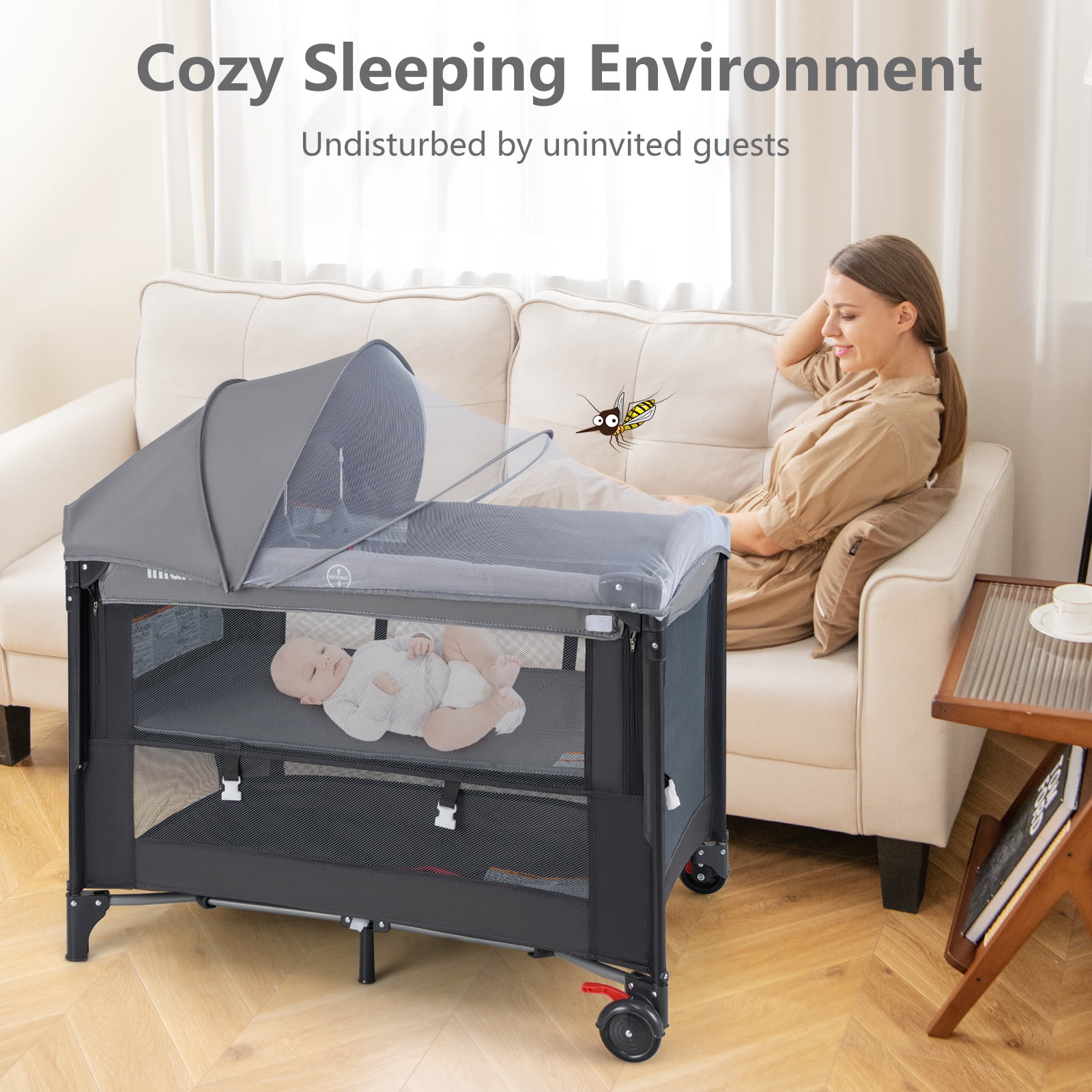 INFANS Baby Bassinet, 4 in 1 Pack and Play Baby Playard with Changing Table, Mosquito Net, Storage Basket, Travel Bag, Toy Bar for Newborn 0-36 Months