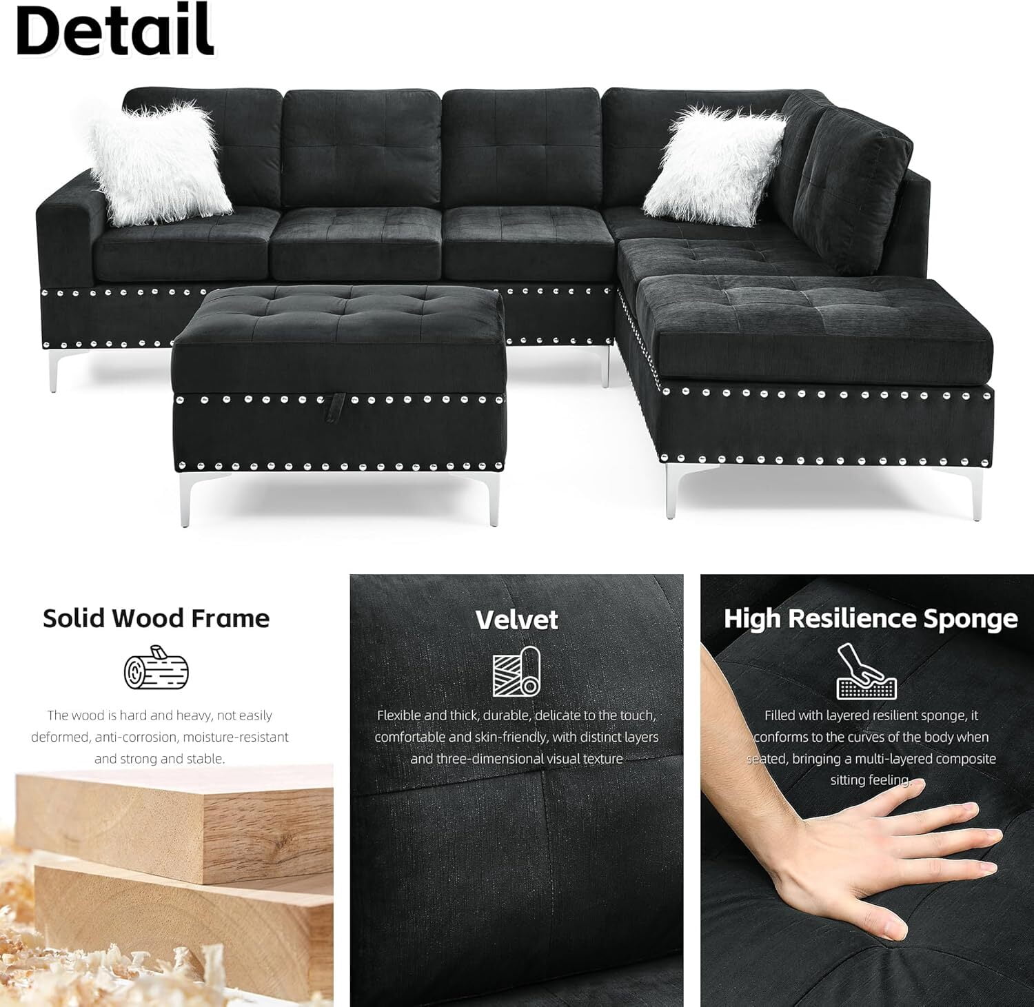 Howcool L Shaped Sectional Sofa, 4 Seater Couch with Chaise Lounge, Storage Ottoman, Cup Holders and Pillows, Modern Linen Fabric Couch for Living Room(Black)