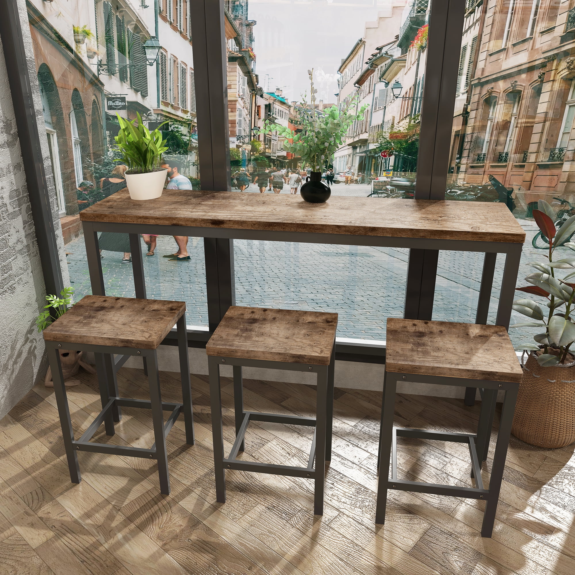 BSHTI 60.24" MDF Dining Room Table Set with Metal Frame, 3 Stools, Space-Saving Design for Kitchen Dining Room(Natural)