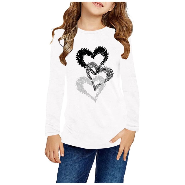 MeetoTime Hauts à Manches Longues pour Filles Col Rond Imprimé Saint-Valentin Tunique Habillée Chandail sous-Vêtement pour Enfants