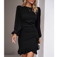 thumbnail image 6 of Women's Long Sleeves Dress Zipper Bodycon Mini Dress Ruffle Hem Round Neck Cocktail, 6 of 8