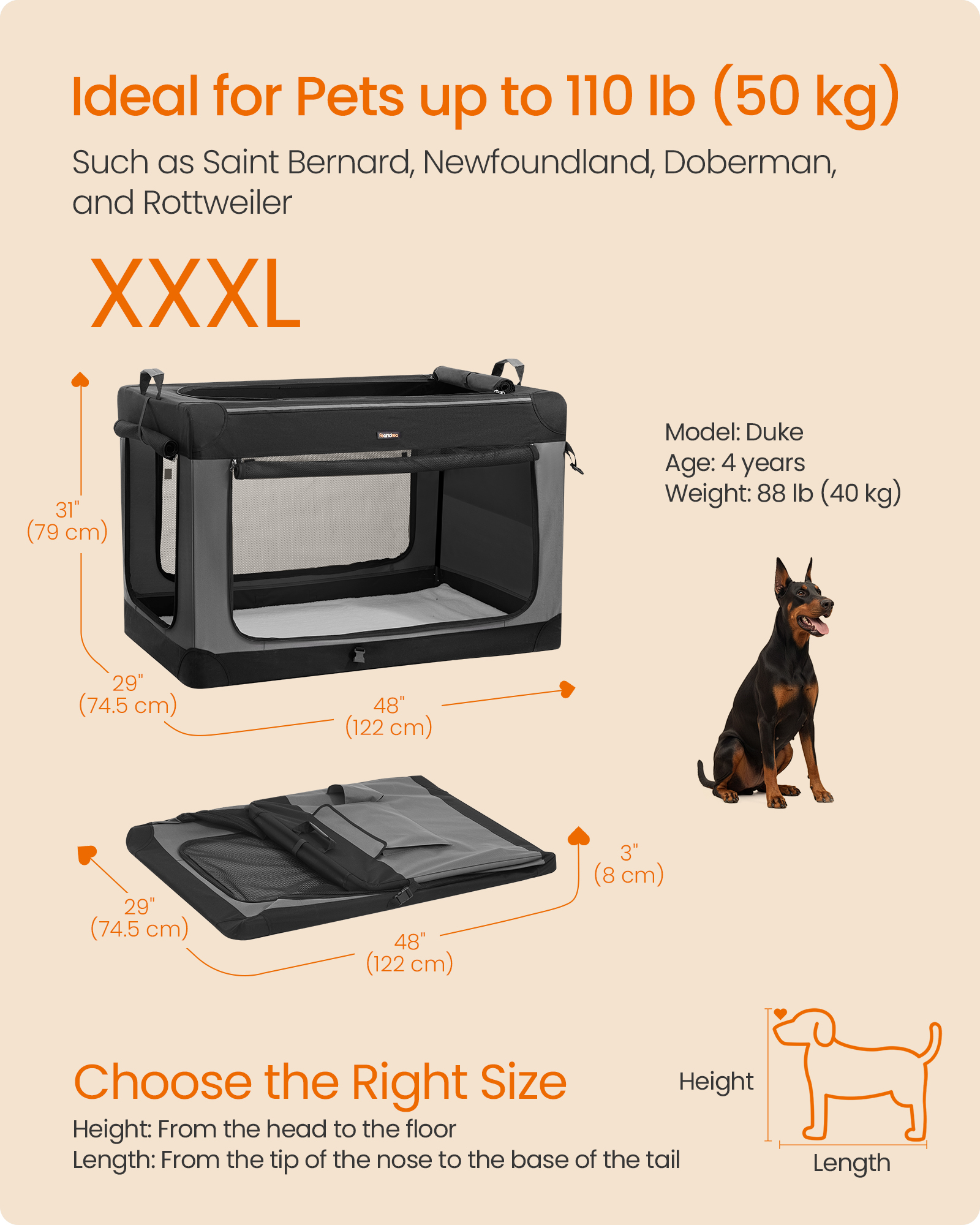44-Inch Collapsible Dog Crate with 4 Mesh Doors, Portable Pet Carrier for Extra Large Dogs up to 110 lb, Ink Black
