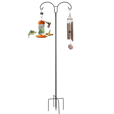 Adjustable Double Shepherds Hook for Outdoor, 98 in Heavy Duty Metal Hanger with 5-Prong Base for Bird Feeders, Two Sided Garden Pole for Hanging Baskets, Lanterns, Wind Chimes