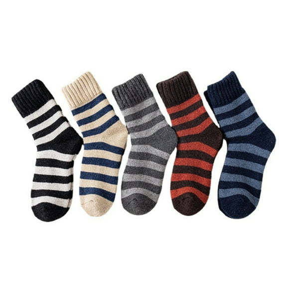 5 Pairs Men Super Thick Thermal Warm Crew Socks Faux Wool Knit Colorblock Striped Pattern Cozy Casual Mid Tube Hosiery