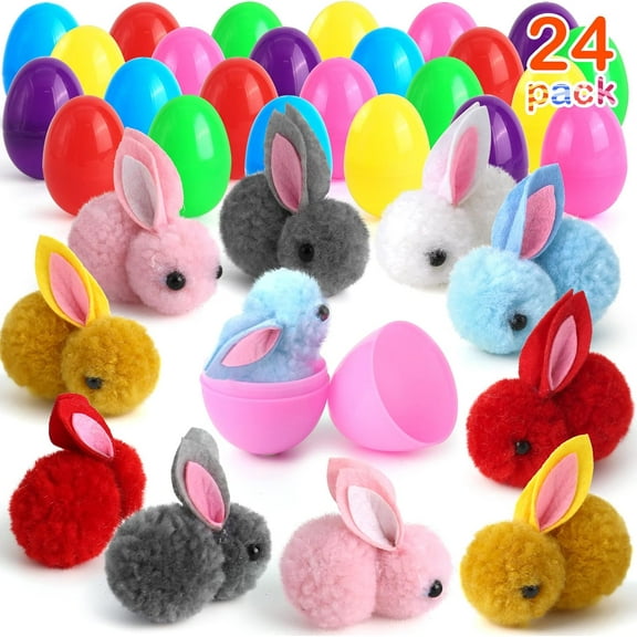 24 Pack Colorful Easter Eggs Fillers with Bunny Plush, Easter Basket Stuffers for Kids Easter Eggs with Toys Inside, Easter Bunny Mini Stuffed Animal for Kids Easter Egg Stuffer Filler Party Favors