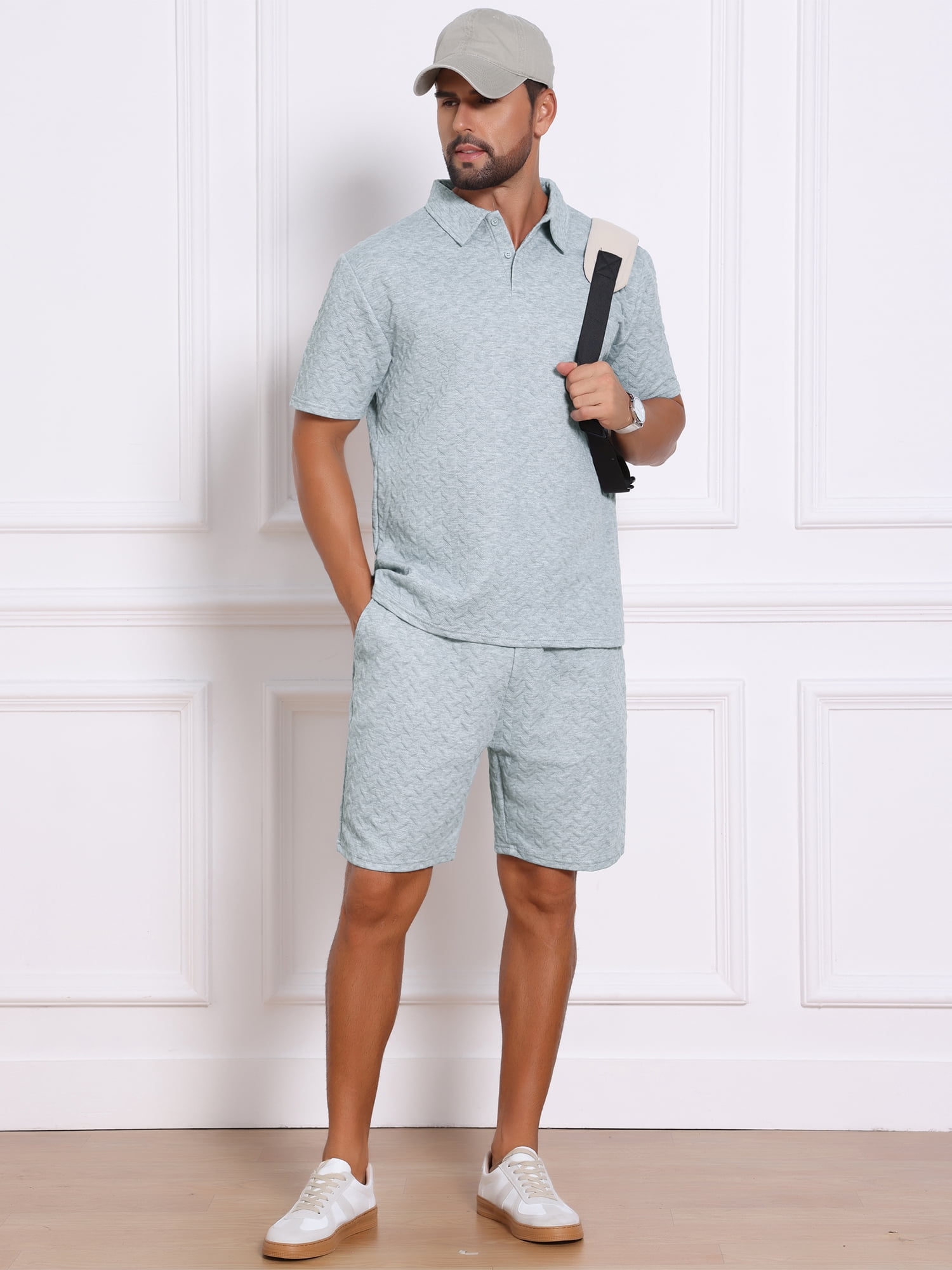 DARING DIVA Men's 2 Pieces Jacquard Polo Shirt & Drawstring Shorts Outfits XL Gray