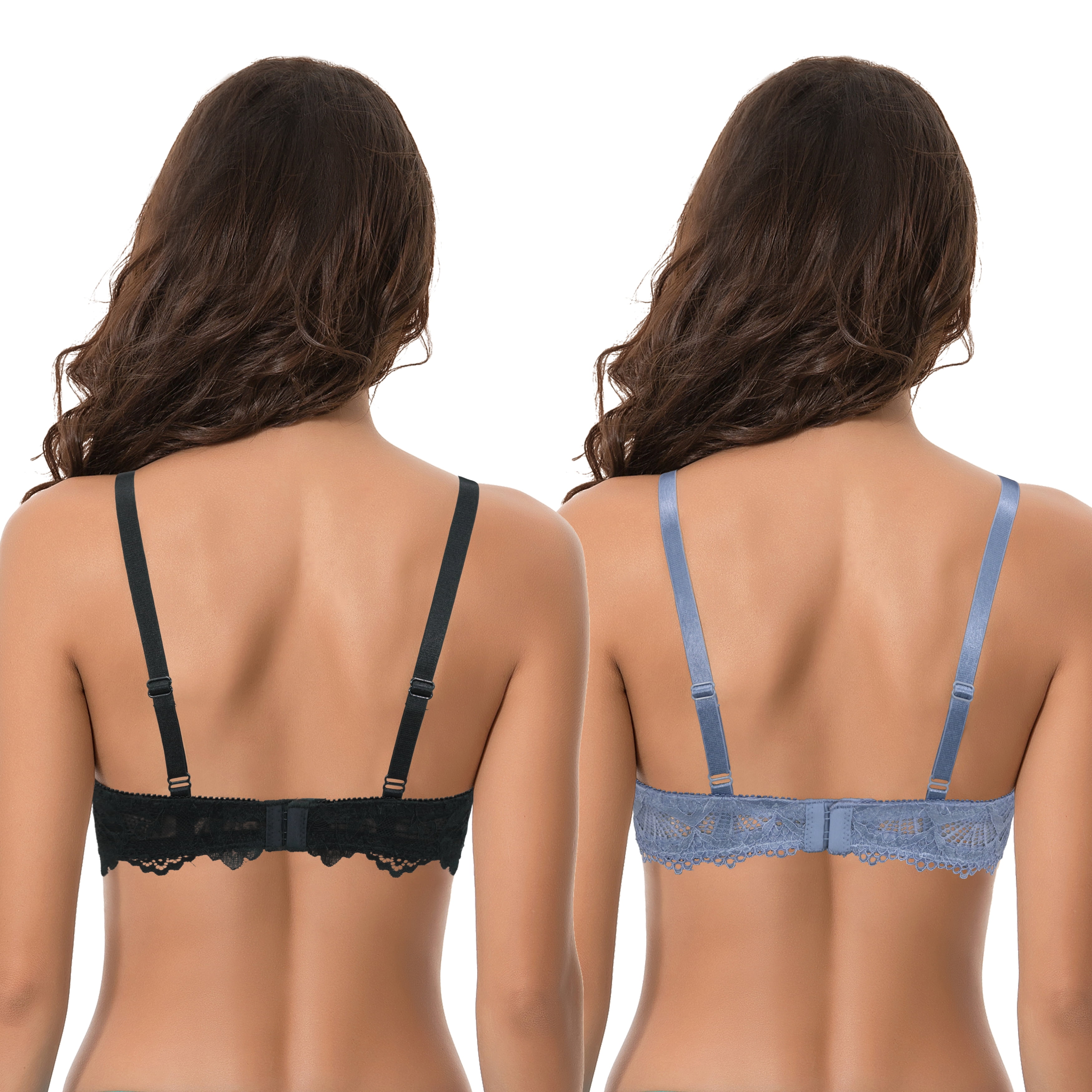 Curve Muse Women's Plus Size Push Up Add 1 Cup Underwire Perfect Shape Lace  Bras-2Pk-Black,Light Blue-46DD