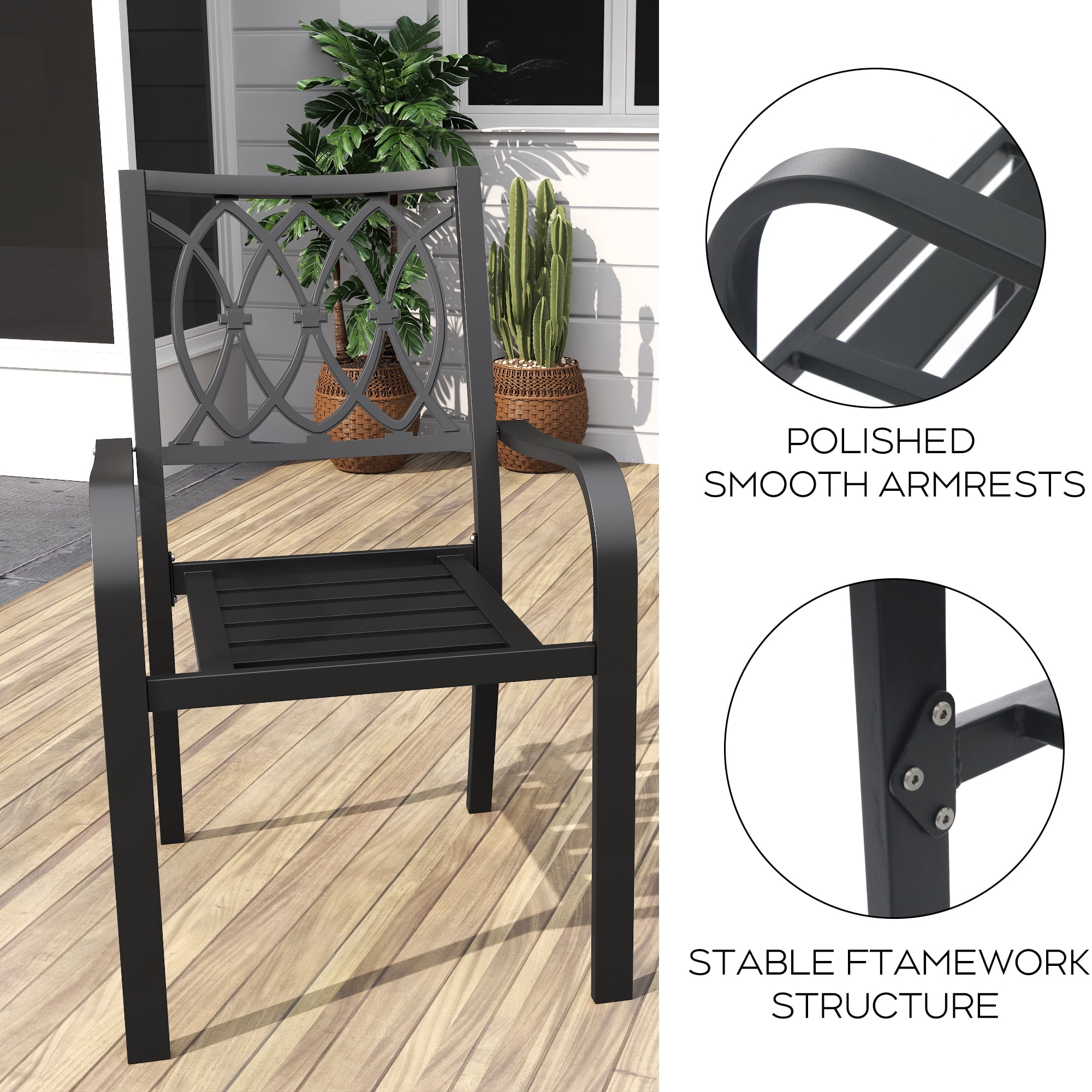 Heavy Duty Stacking Patio Dining Chair with 350 lb Capacity, Ergonomic Breathable Outdoor Chair with Slatted Design for Garden BBQ Party Camping, 30-Min Assembly, Black