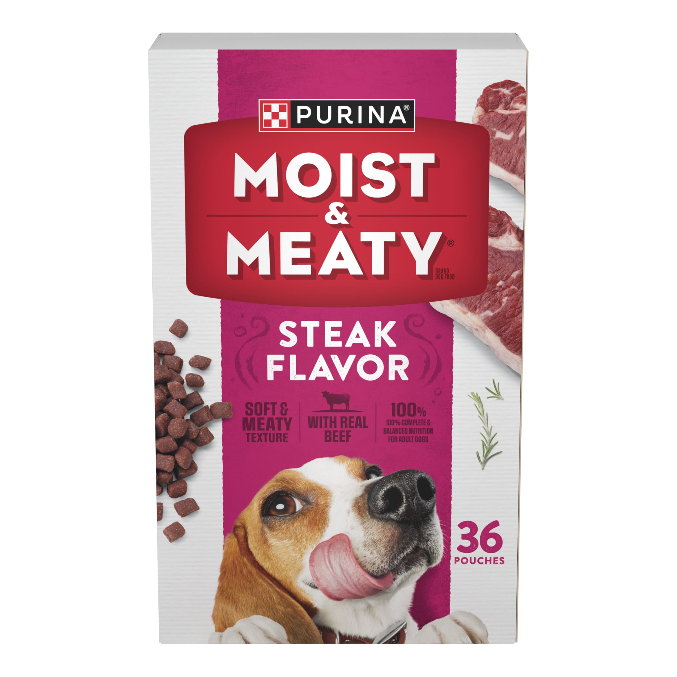 Purina Moist & Meaty Dry Dog Food, High Protein Steak Flavor with Real Beef, 6 oz Pouches (36 Pack)