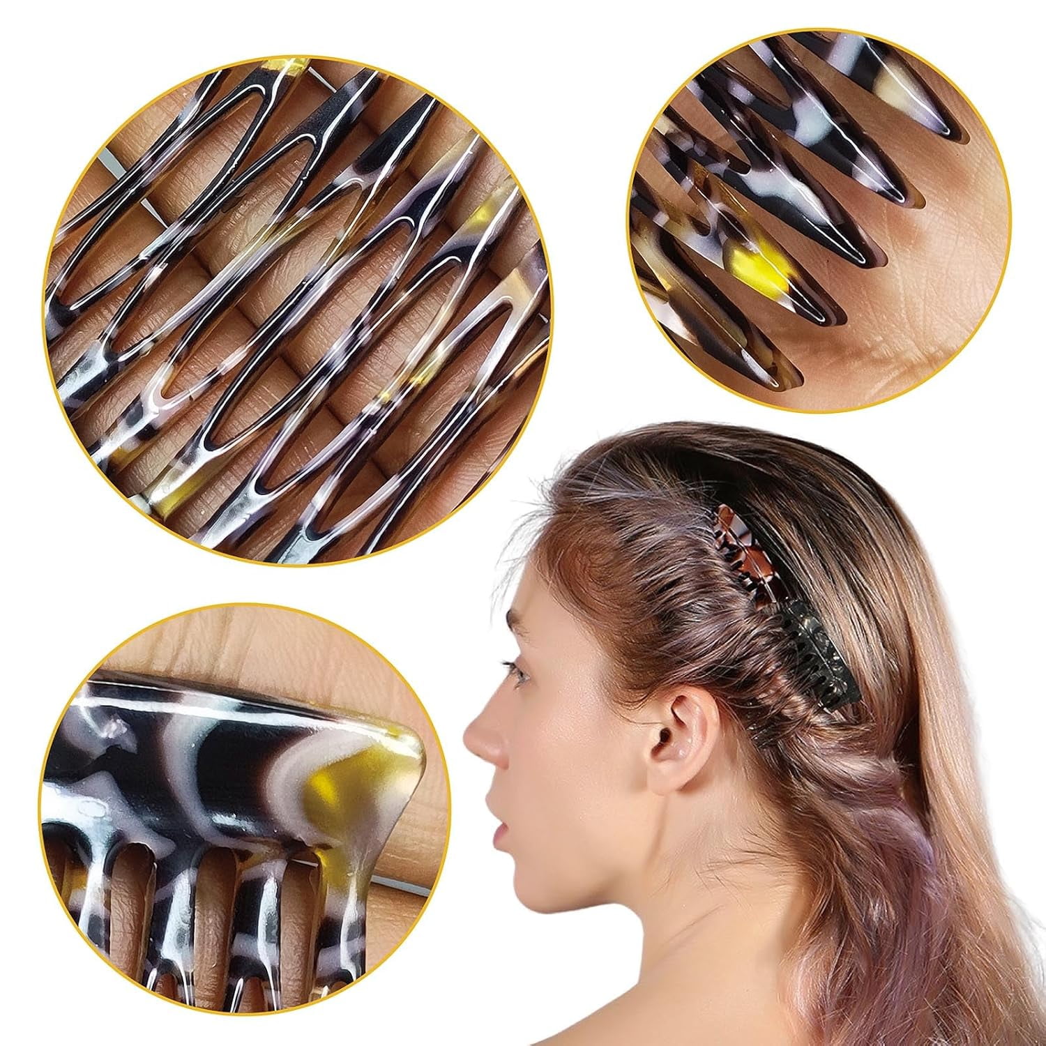 Hair Side Combs - Small French Side Hair Comb Clips for Women Decorative Bun Twist Hair Styling Accessories -4 Pcs (Black, Brown Onyx)
