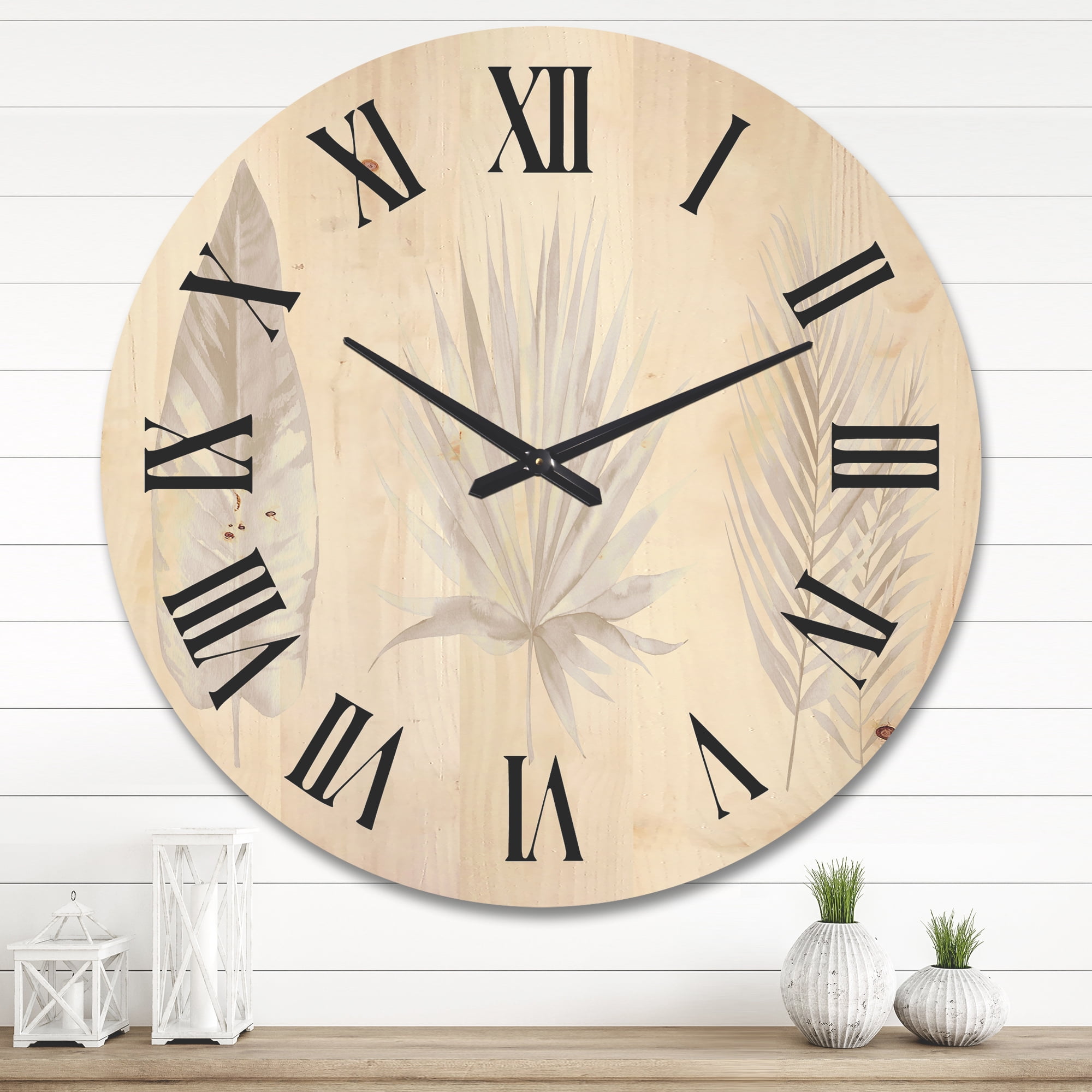 Designart 'Tropical Beiges Leaves On White' Traditional Wood Wall Clock