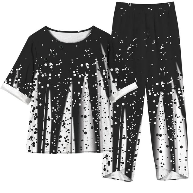 Mikilon Ensemble Élégant pour Femmes 2 Pcs Imprimé Manches 5/10 Col Rond + Pantalon Décontracté Ensemble Chic et Confortable Manches Courtes Col Rond Noir-C 2TG