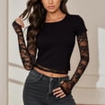 thumbnail image 2 of MIXUE Boho Tops For Women Summer Solid Color Round Neck Long Sleeve Floral Lace Casual Pullover Shirts For Women Tshirts Outwear,Black,S, 2 of 5