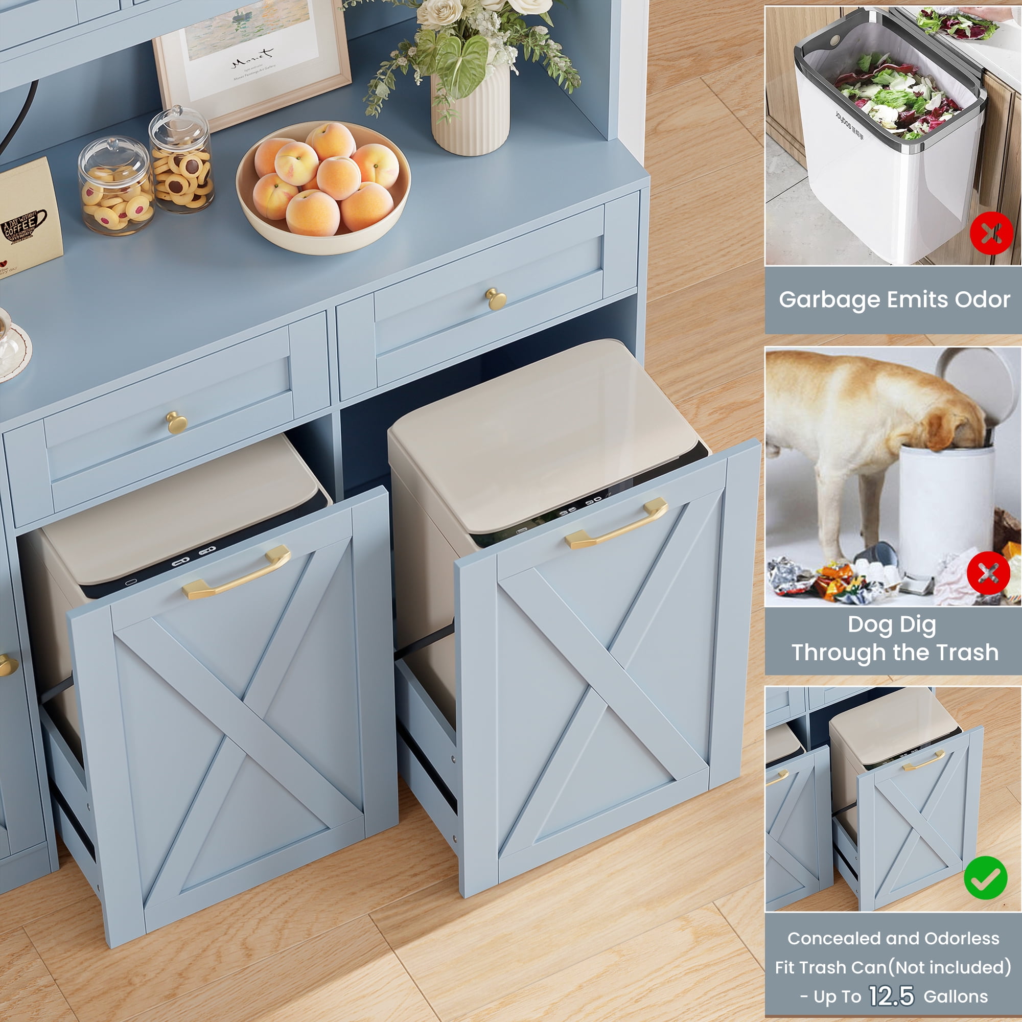 Homfa Kitchen Pantry Cabinet, Trash Can Cabinets Fits 12.5 Gallon Can, 5 Door 2 Drawer Kitchen Storage Cabinet with Hutch, Freestanding Cupboard, Blue