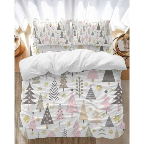 Christmas Tree Bedding Duvet Cover Set Queen Size 4 Pieces Snowflake Winter Pink Classic Texture Bedding Set with Zipper Closure, 1 Comforter Cover 90x92 Inches 1 Flat Sheet & 2 Pillow Cases