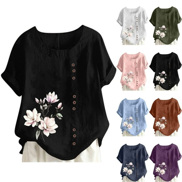 Sentmoon Ladies Tops and Blouses Summer Crew Neck Loose Linen Vacation Shirts with Button Print Short Sleeve Concert Outfits for Women Comfy for Business Travel XXXXL