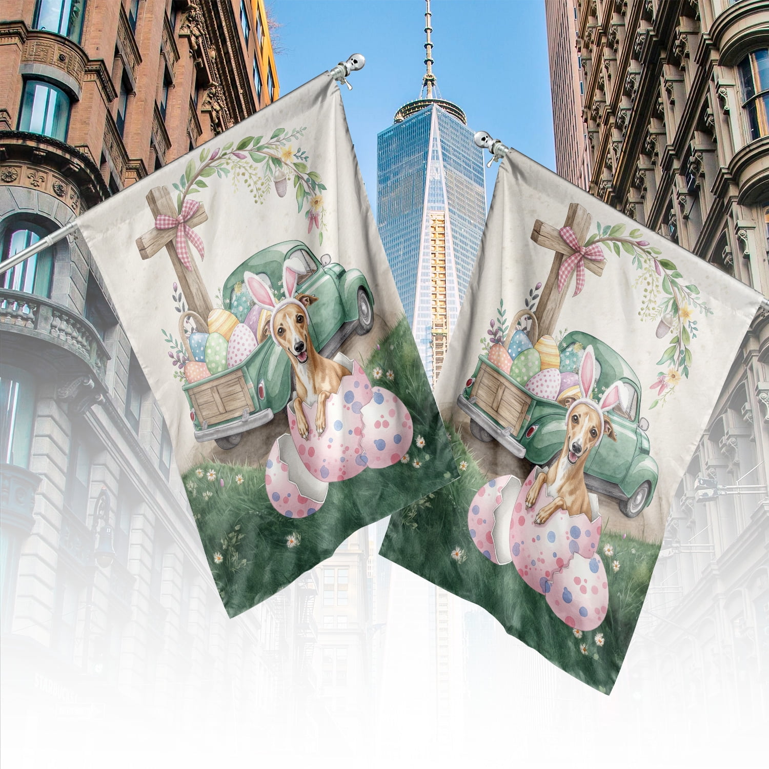 Easter Egg Whippet Bunny Ear Welcome Spring Truck House Flag 28x40in Double Sided Dog Lover Outdoor Decor - 12002