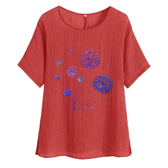 Cotton Linen Tops for Women Floral Printed Flowy Crew Neck Short Sleeve Shirts Casual Soft Breathable Blouses (XL, Red 2)