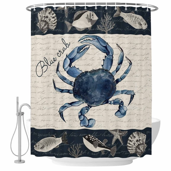 Shower Curtain Bathroom Set Blue Crab Fish Shell Ocean Life Waterproof Fabric Shower Curtains with Grommets&Hooks, Summer Nautical Retro Words Privacy Bath Curtain for Bathtub 36x72in