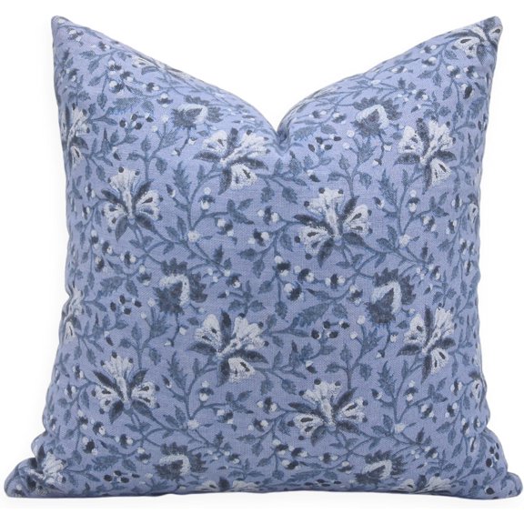 Fabdivine Off white Linen Hand Block Print Decorative Throw Pillow Cover , 14"X20", Blue