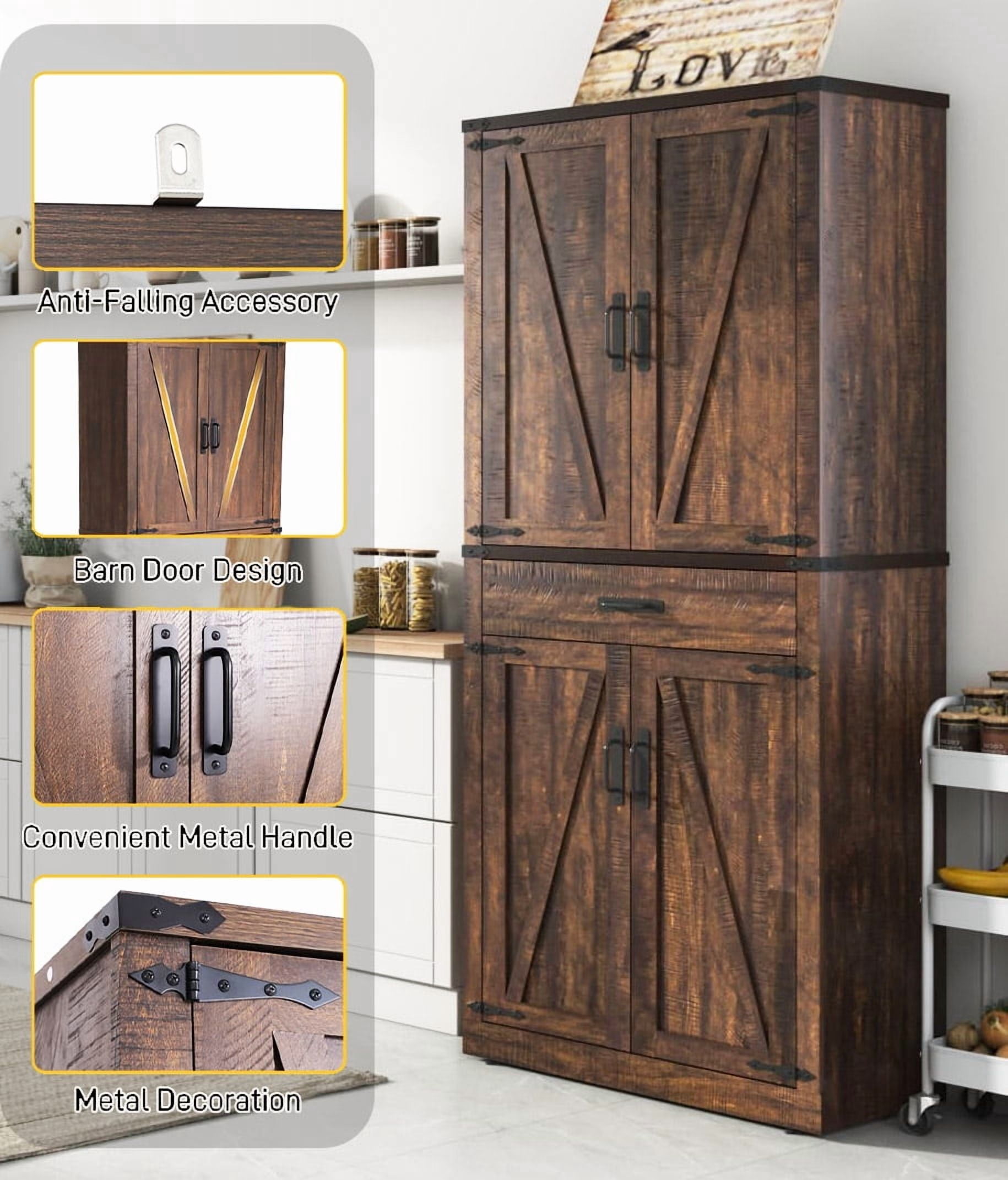 72" Tall Kitchen Pantry, Farmhouse Pantry Cabinet with 1 Drawer & 4 Layer Adjustable Shelves, Rustic Wood Storage Cupboard with Metal Load-Bearing Pipe for Kitchen Bathroom Living Room Hallway