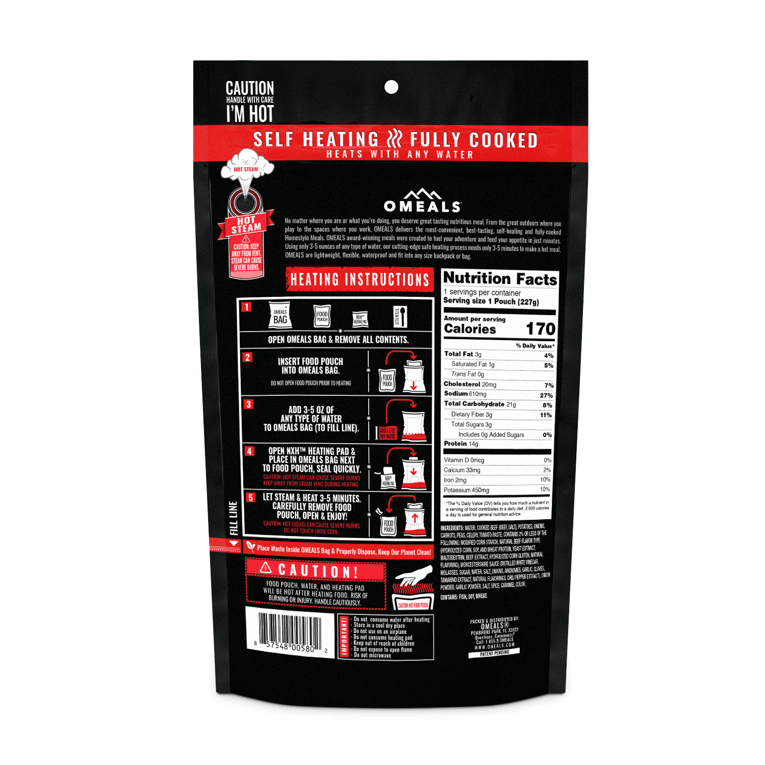 Omeals Vegetable Beef Stew 8oz Pouch Self Heating Camping Meal