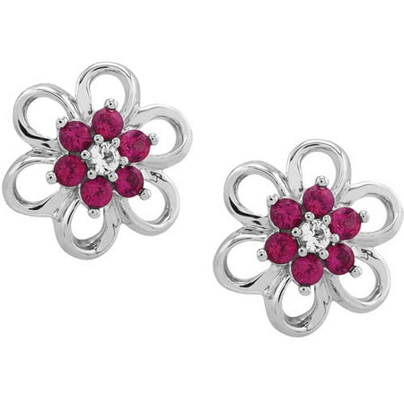 Created Ruby and White Sapphire Accent Sterling Silver Flower Earrings