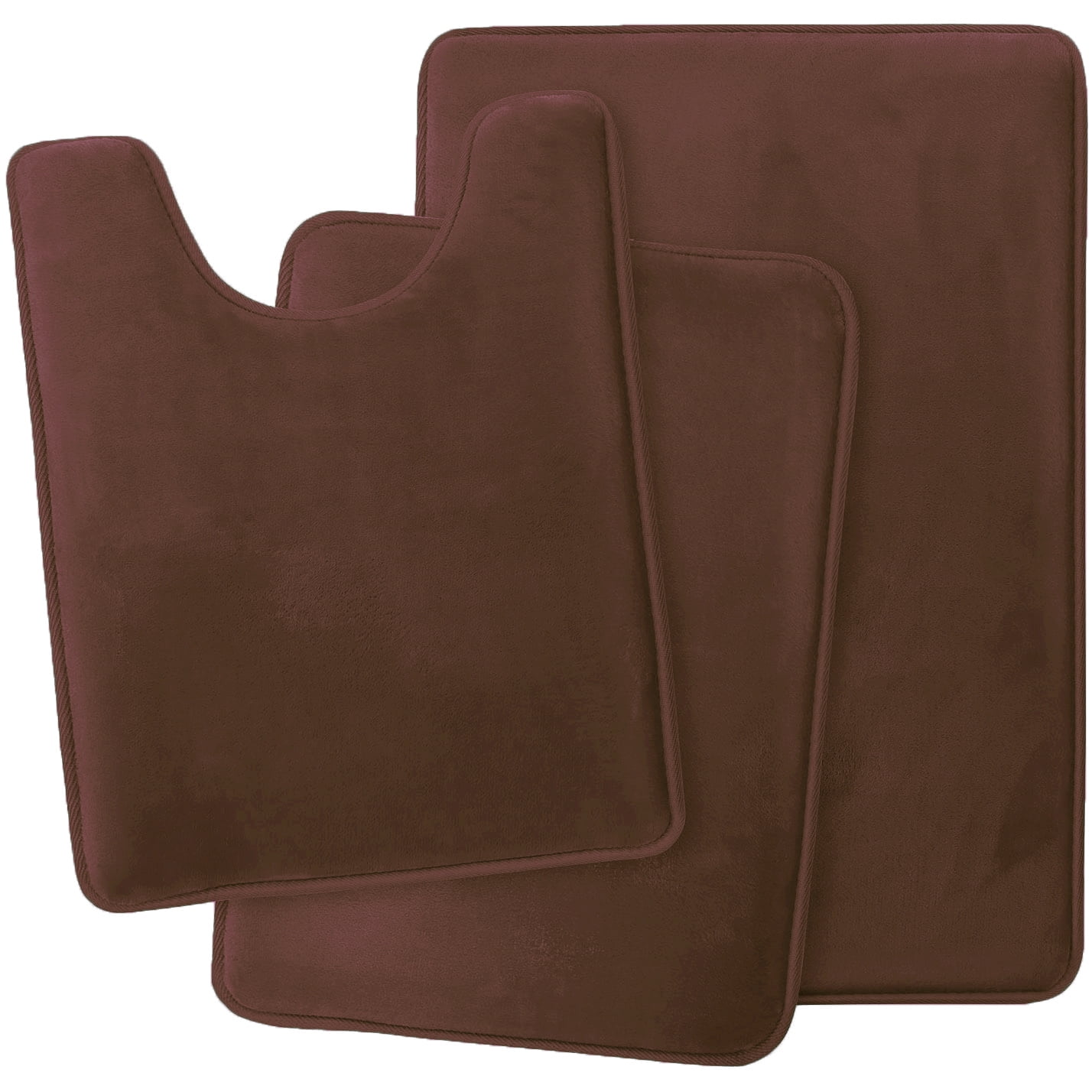 Set of 3 Absorbent Memory Foam Bath Mat Bathroom Rugs, Machine Washable， Large 20"x32", Small 17"x24", Contour 24"x20" Brown