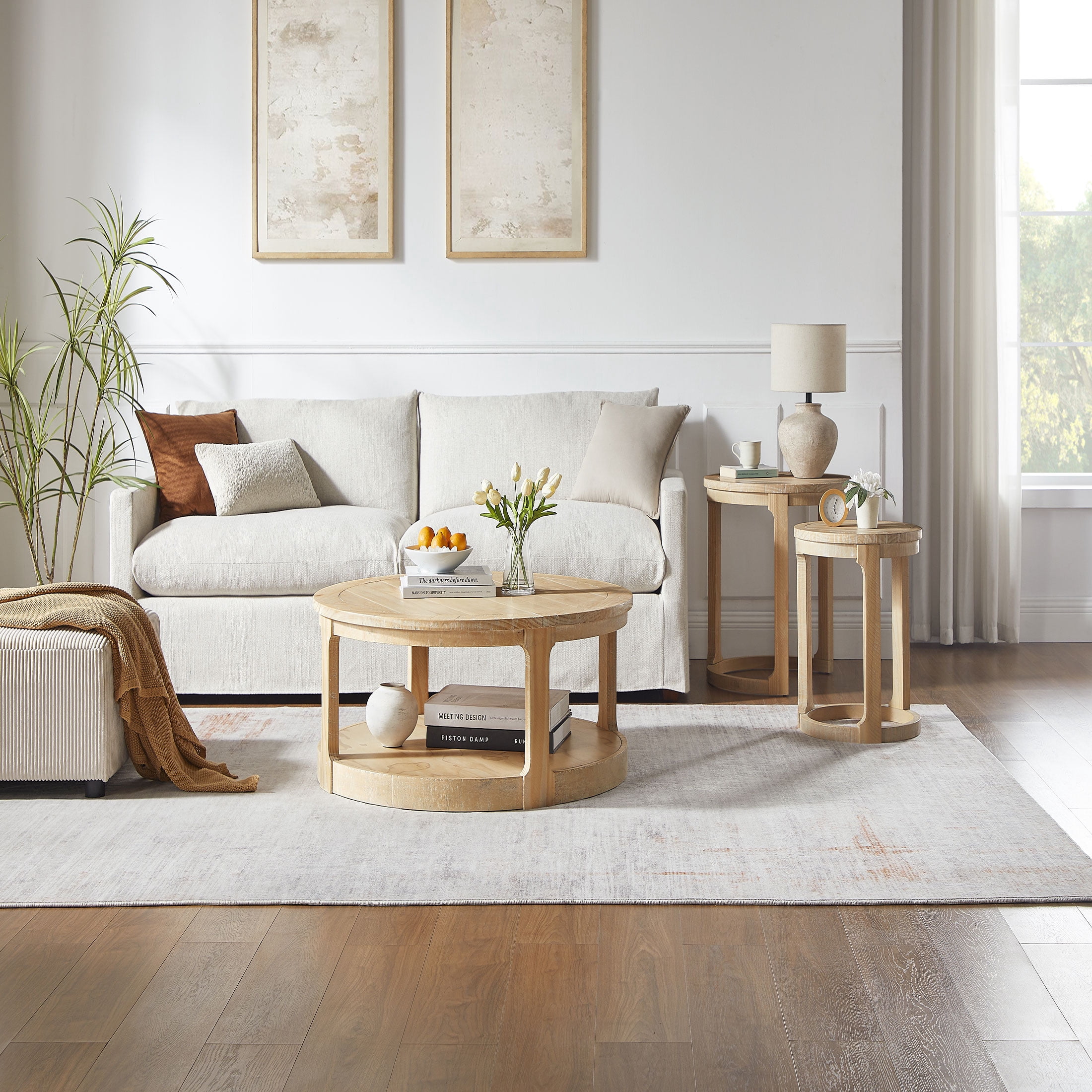 Kevinplus 2 Tier Coffee Table,Traditional Round Circle Wooden Table with Wheels for Living Room, Office, Apartment, OAK