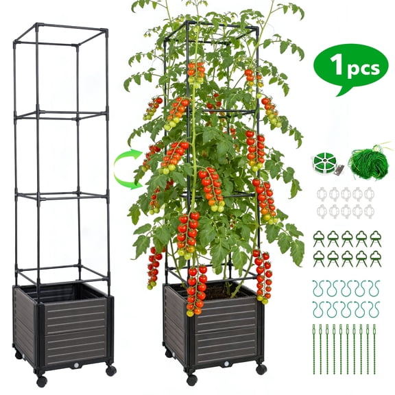 64.9" Tomato Planter Box with Trellis & Wheels, Self Watering Raised Garden Bed for Vegetables Climbing Plants Indoor Outdoor