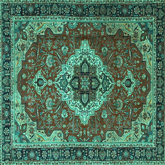 Ahgly Company Machine Washable Indoor Square Persian Turquoise Blue Traditional Area Rugs, 5' Square