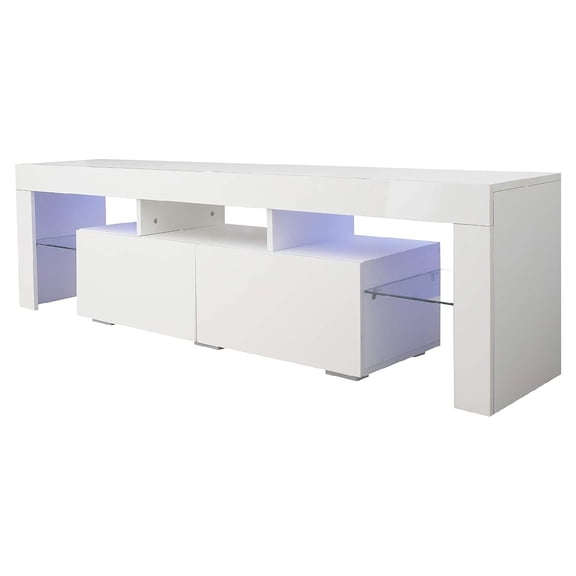 TV Stand with RGB LED Lights, MDF Entertainment Center with 2 Drawers & Tempered Glass Shelves, Modern Media Console Table for TVs Up to 70 Inches, White High Gloss 61.4x13.8x15.7 Inches