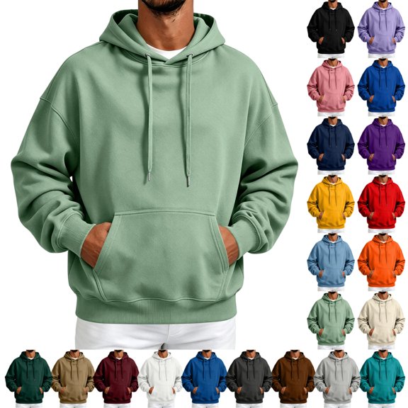 UDAUDU Mens Casual Hoodies Retro Loose Fit Fleece Hoodie Drawstring Plain Pullover Sweatshirt Fall Winter Outfits L