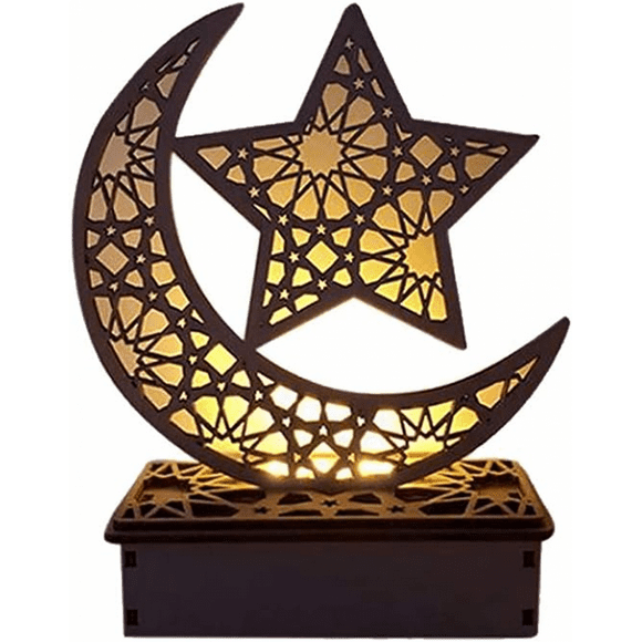 Eid Crafts Night Light Ramadan Mubarak Lamp Decorations Wooden Moon Star LED Lights Home Party Bedroom Ornaments Gift for Muslims Islamic Table Decor