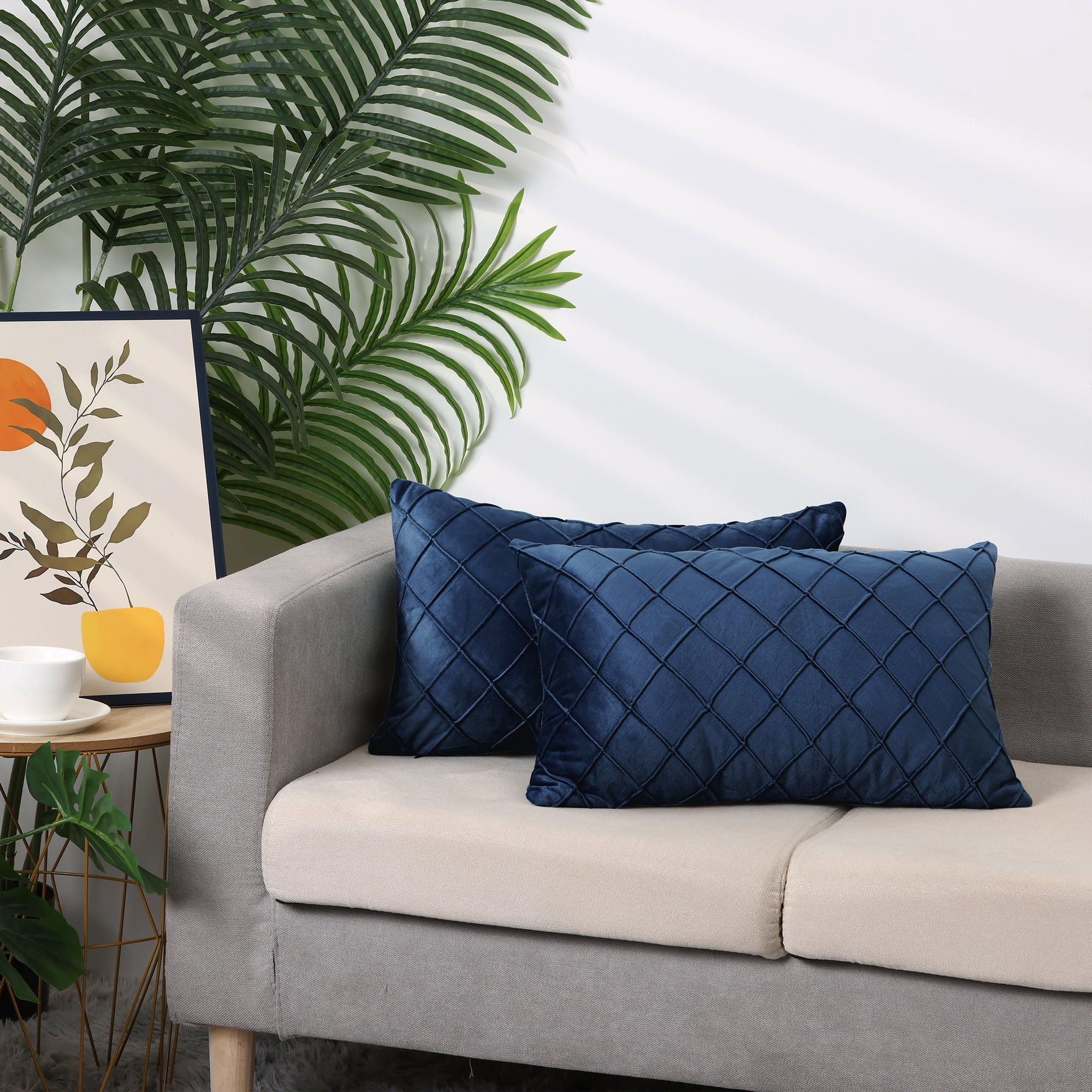 Unique Bargains Velvet Decorative Pillow Covers Geometric Textured Cushion Covers 2 Pcs Navy Blue 12" x 20"