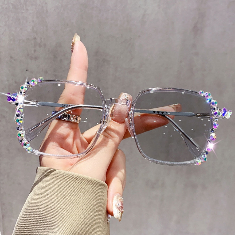 Photochromic Gray Blue Light Blocking Presbyopic Glasses, Oversized Bling Party Reading Glasses 3.75 for Women, Gray Square Readers +3.75