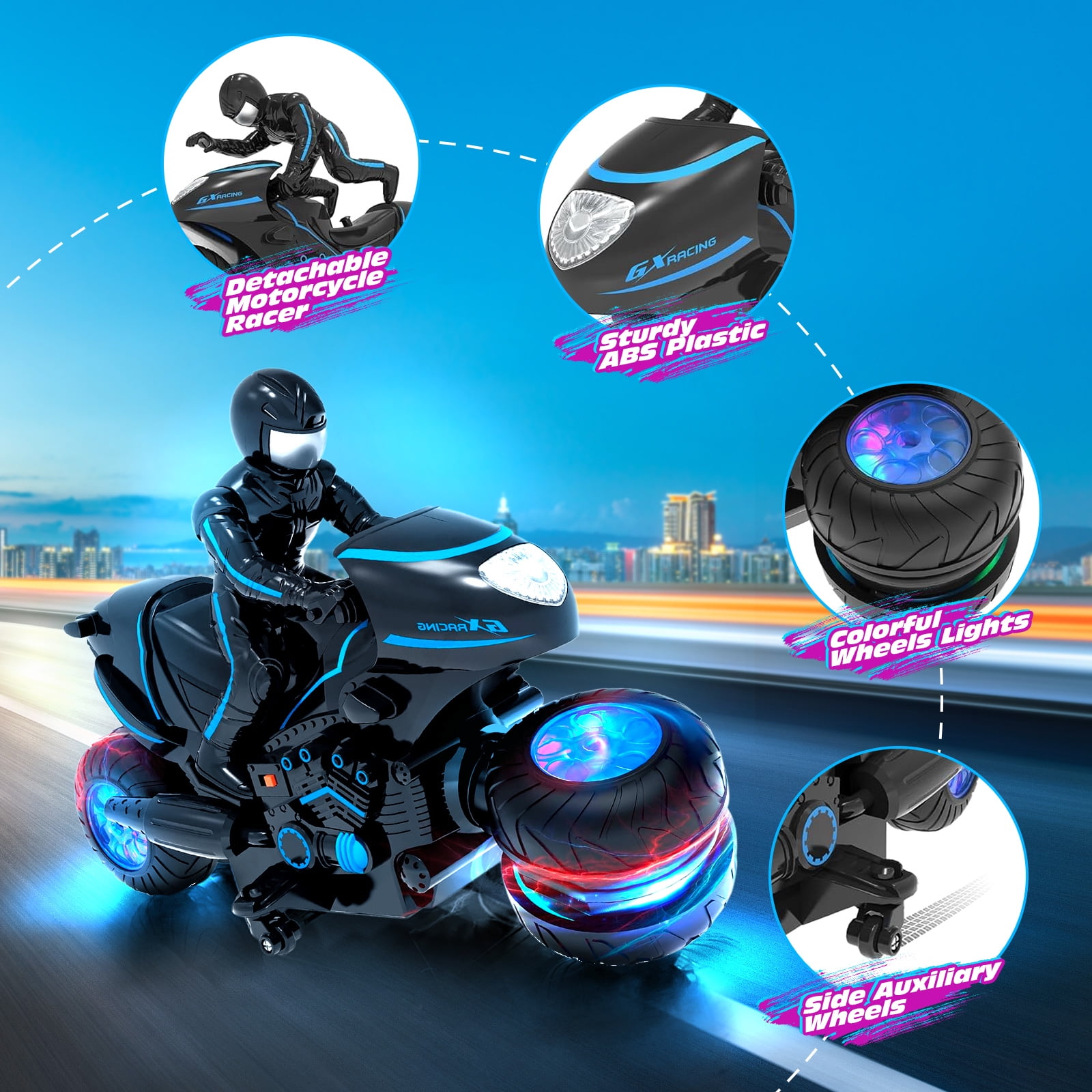 Tecnock RC Motorcycle, Remote Control Motorcycles with LED Lights, RC Cars Dirt Bike Toy, 360° Spins and Flips, Gift for Kids