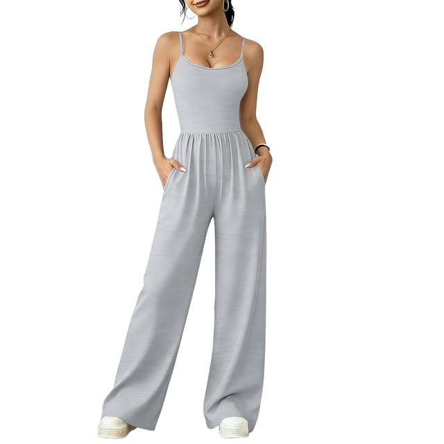 Jumpsuit for Women, Strapless Waist Cinching Wide Leg, Double-Strap Sleeveless Top, Ruched Waist, Solid Color