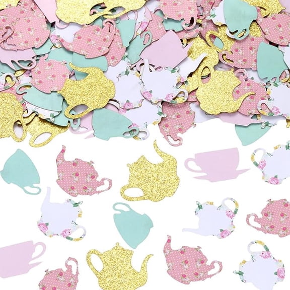 200pcs Tea Party Confetti, Floral Tea Party Decorations Confetti, Teacup Teapot Glitter Confetti for Table Decor, Smash Cake Decor Girls Boys Birthday Garden Themed Party Table Decoration
