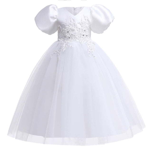NiSHUIHAN Robe pour Filles Robe pour Enfants Fille Robe Princesse à Manches Courtes Robe Queue de Fleur Robe Jupe Blanc 5-6 Ans