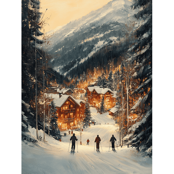 Winter Ski Village Canvas Print/Wall Art， Perfect for Living Room， Bedroom， Ski Lodge， Cabin Decor， and Mountain House Decoration.