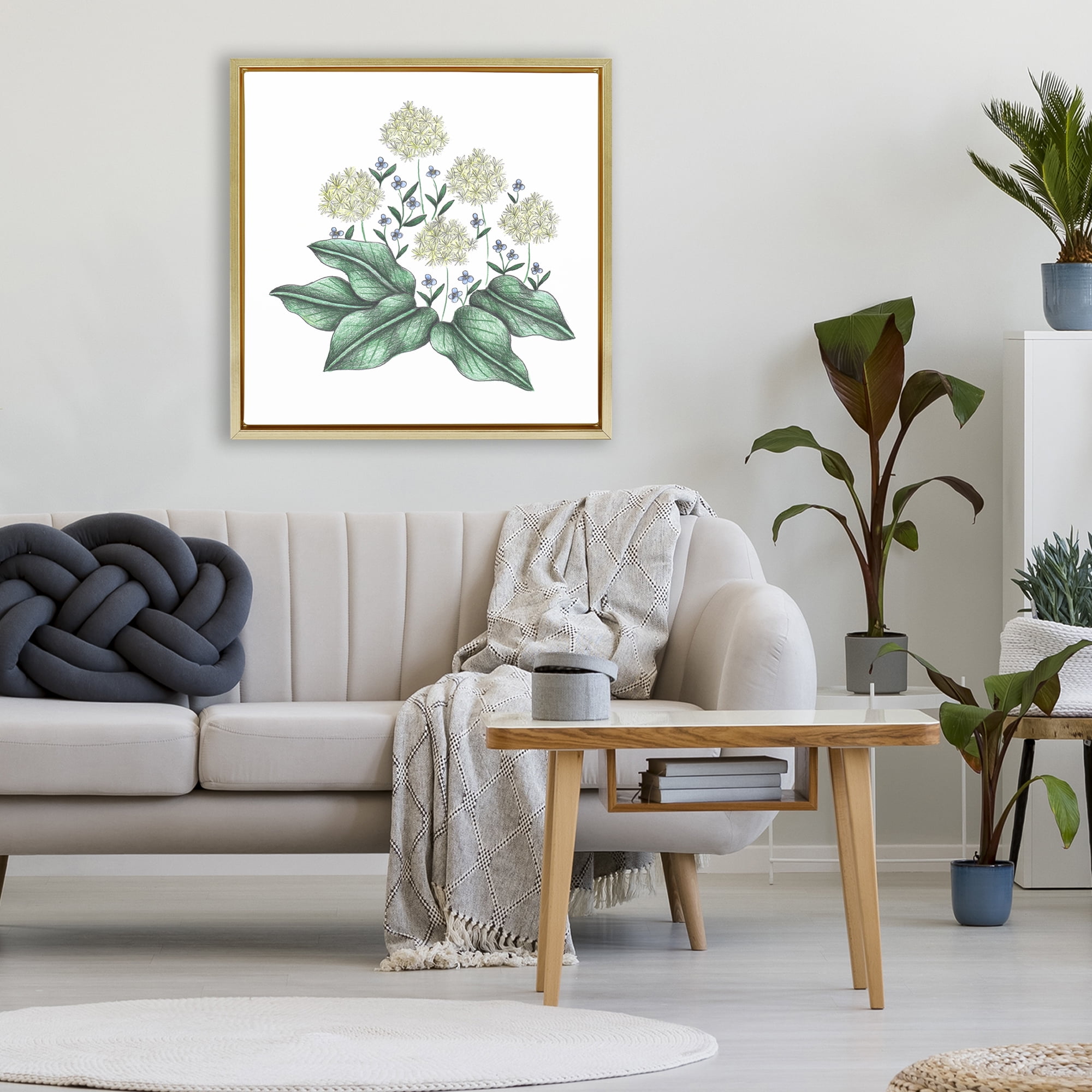 Hello Wildflower Vintage Sketch Gold Framed Floater Canvas Wall Art, design by Cecilia Battaini