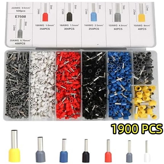 1900pcs Wire Ferrules Terminals Kit, AWG 22-10 Terminal Connector Wire Insulated Cord Pin Ends Terminals for Electric, Industrial, Power Control System, etc.