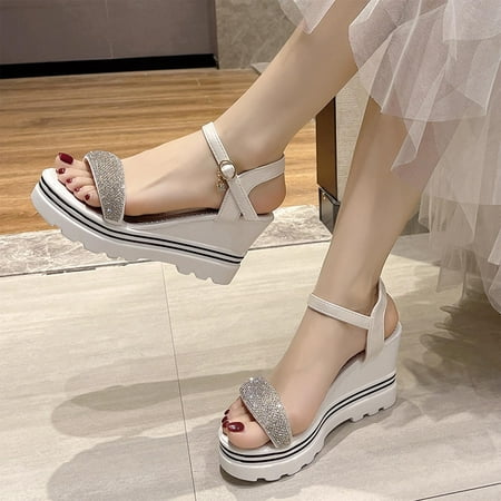 

Mishuowoti sandals for women 2023 Fashion Summer Women s Sandals High Heel Wedge Heel Platform Rhinestone Buckle