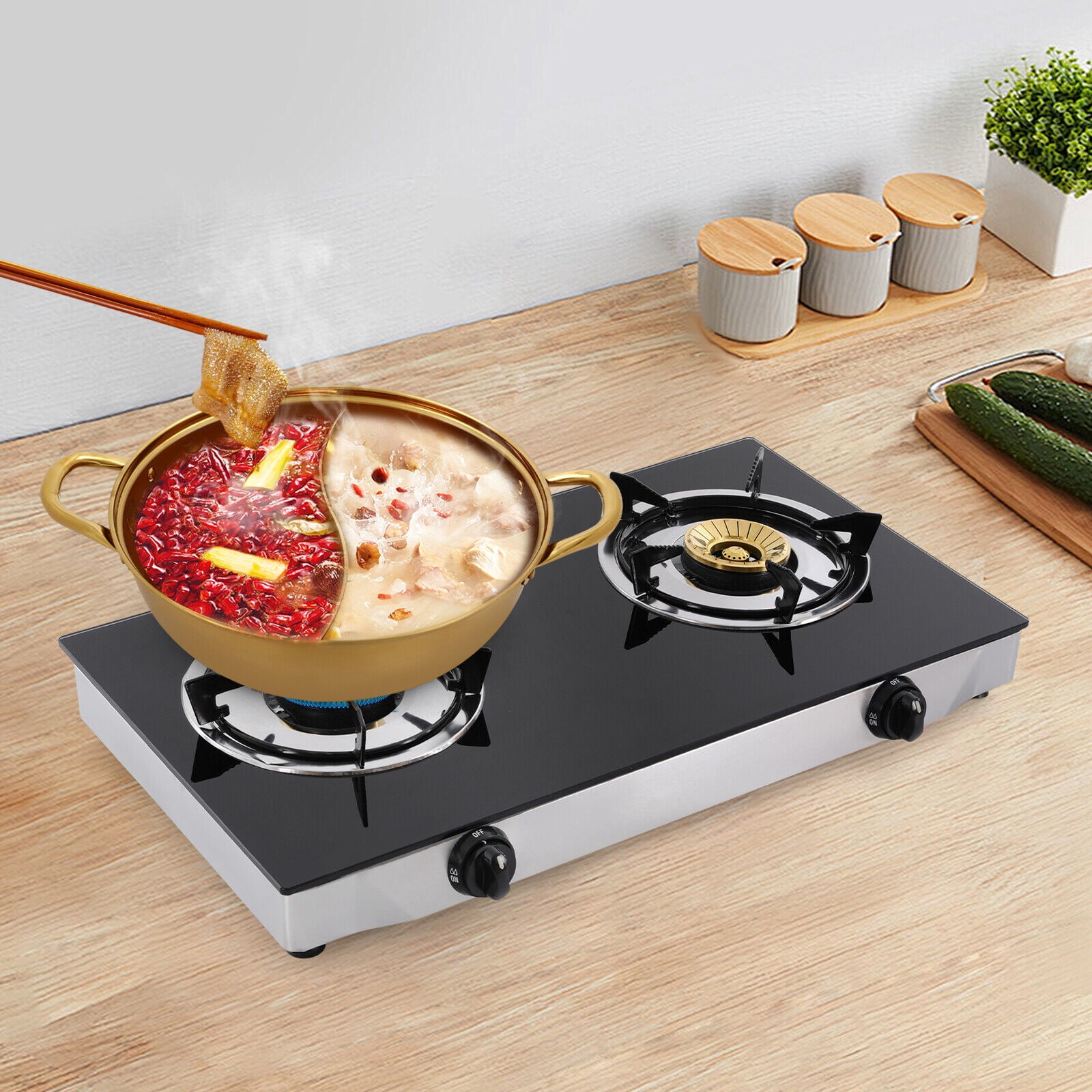 2-Burner Gas Stove Countertop Gas Stove Portable Auto Ignition LPG Stove Durable for Outdoor Camping