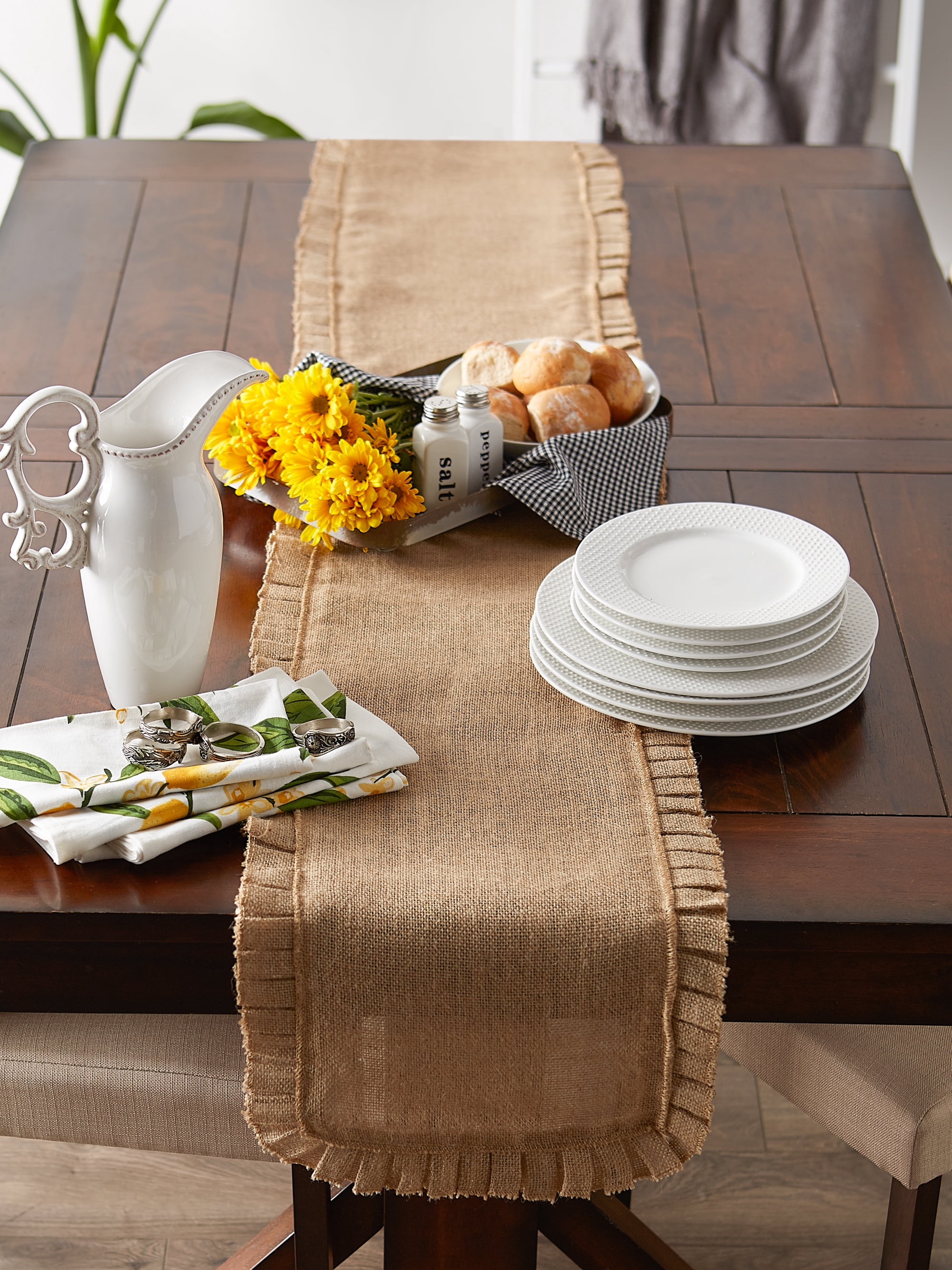 Natural Ruffle Trim Jute Table Runner, 14x108 inch