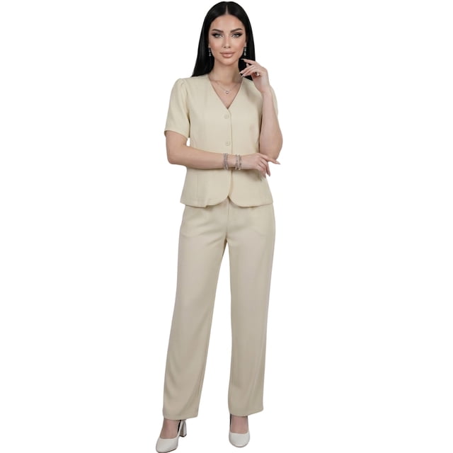 Conjunto 2 Piezas. Blusa de Manga Corta con Botones y Pantalón Recto de Moda, Look Sofisticado para Mujer