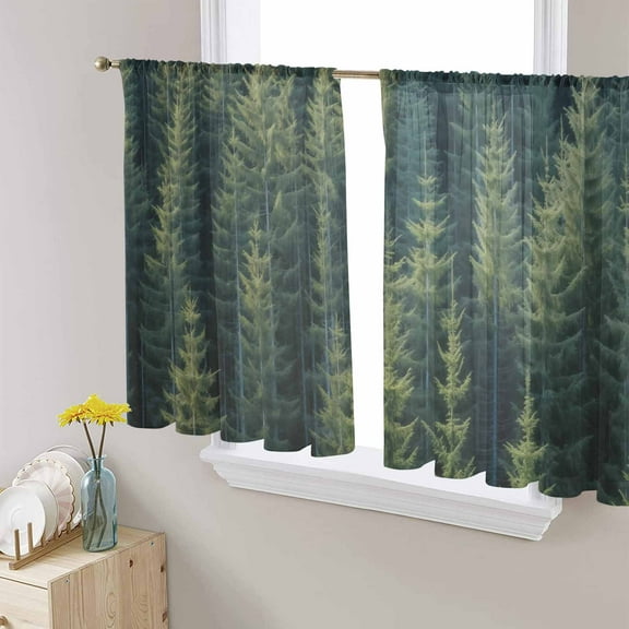 Green Forest Sheer Curtains 54 Inches Length 2 Panels Set, Window Sheer Curtains for Living Room/Bedroom, Pine Tree Summer Botanical Modern Art Light Filtering Rod Pocket Curtain 52'' x 54'' x 2